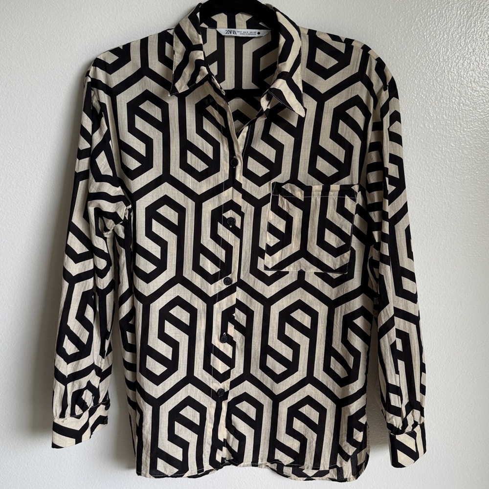 Zara Cream Black Geometric Long Sleeve Button Down Blouse, Small